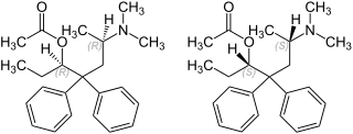 Skeletal formulas of (R,R)-alphacetylmethadol (left), and (S,S)-alphacetylmethadol (right)