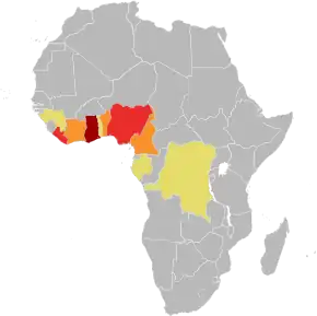 A map of Africa, with shading predominantly in southern West Africa.