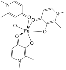 Deferiprone interaction with iron forming deferiprone-iron complex.