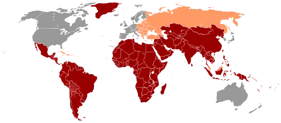 Hepatitis A distribution 2005 .mw-parser-output .legend{page-break-inside:avoid;break-inside:avoid-column}.mw-parser-output .legend-color{display:inline-block;min-width:1.25em;height:1.25em;line-height:1.25;margin:1px 0;text-align:center;border:1px solid black;background-color:transparent;color:black}.mw-parser-output .legend-text{}  High: prevalence higher than 8% .mw-parser-output .legend{page-break-inside:avoid;break-inside:avoid-column}.mw-parser-output .legend-color{display:inline-block;min-width:1.25em;height:1.25em;line-height:1.25;margin:1px 0;text-align:center;border:1px solid black;background-color:transparent;color:black}.mw-parser-output .legend-text{}  Intermediate: between 2% and 7% .mw-parser-output .legend{page-break-inside:avoid;break-inside:avoid-column}.mw-parser-output .legend-color{display:inline-block;min-width:1.25em;height:1.25em;line-height:1.25;margin:1px 0;text-align:center;border:1px solid black;background-color:transparent;color:black}.mw-parser-output .legend-text{}  Low : less than 2%