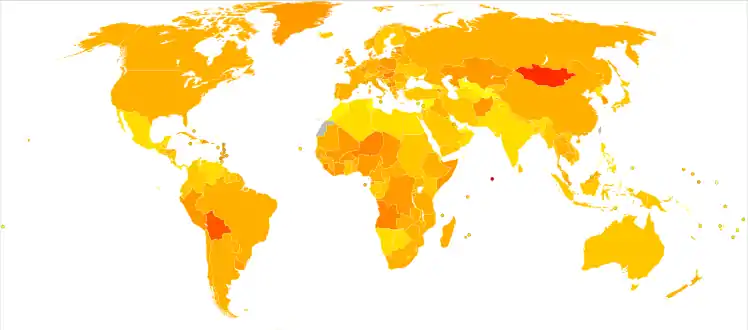 The age-adjusted death rate from cancer per 100,000 inhabitants in 2004..mw-parser-output .refbegin{font-size:90%;margin-bottom:0.5em}.mw-parser-output .refbegin-hanging-indents>ul{margin-left:0}.mw-parser-output .refbegin-hanging-indents>ul>li{margin-left:0;padding-left:3.2em;text-indent:-3.2em}.mw-parser-output .refbegin-hanging-indents ul,.mw-parser-output .refbegin-hanging-indents ul li{list-style:none}@media(max-width:720px){.mw-parser-output .refbegin-hanging-indents>ul>li{padding-left:1.6em;text-indent:-1.6em}}.mw-parser-output .refbegin-100{font-size:100%}.mw-parser-output .refbegin-columns{margin-top:0.3em}.mw-parser-output .refbegin-columns ul{margin-top:0}.mw-parser-output .refbegin-columns li{page-break-inside:avoid;break-inside:avoid-column}