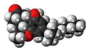 Space-filling model of the nabilone molecule