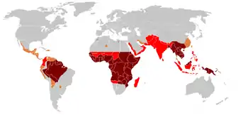 Distribution of malaria in the world: