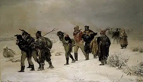 The armies of Napoleon retreat from Russia in 1812.