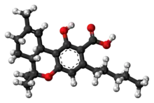 Ball-and-stick model of the tetrahydrocannabinolic molecule