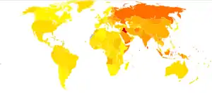Disability-adjusted life year per le cadute ogni 100.000 abitanti nel 2004.     nessun dato     < 40     40–110     110–180     180–250     250–320     320–390     390–460     460–530     530–600     600–670     670–1000     > 1000